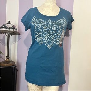 Harley Davidson Short Sleeve Coralville Iowa Teal Blue Women’s Sz M New